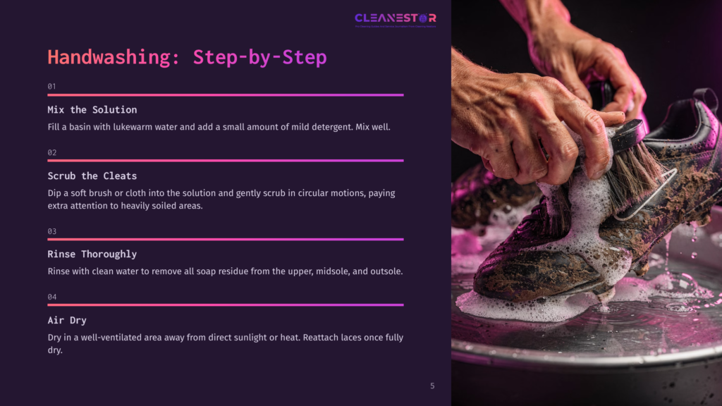 5 Handwashing Step By Step Close-Up Of Hands Scrubbing A Muddy Soccer Cleat With A Brush In A Basin Of Soapy Water, Illustrating The Handwashing Steps For Cleaning Sports Shoes.