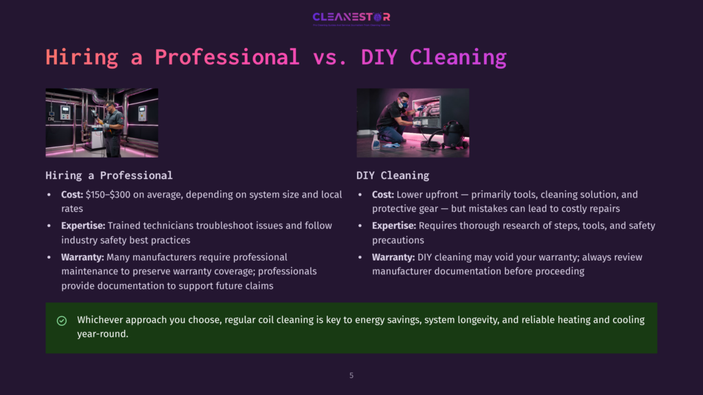 Comparison Of Hiring A Professional Vs. Diy Hvac Cleaning: Professional Cleaning Shown With Technician In Uniform, Diy Cleaning With Person In Casual Clothes And Mask. Text Highlights Cost And Warranty Differences.