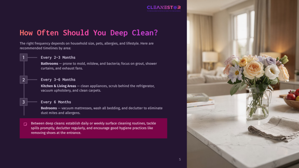5 How Often Should You Deep Clean A Vase Of Vibrant Peach, Pink, And Cream Roses And Hydrangeas Sits On A White Marble Kitchen Counter, With A Blurred Background Of A Bright, Modern Living Room. Text Overlay From A Cleaning Service, &Quot;Cleanestor,&Quot; Is Visible.