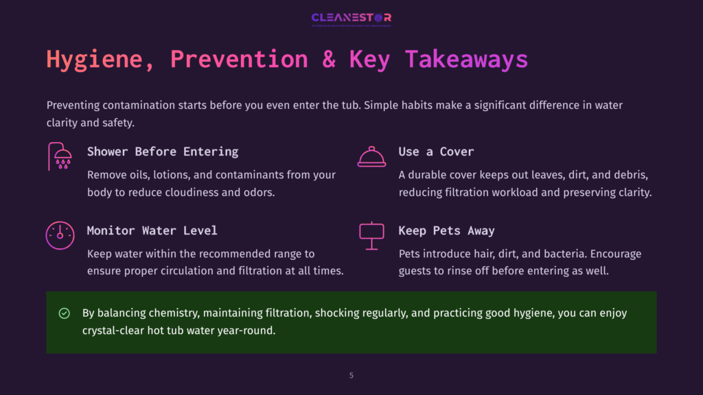 Hygiene, Prevention &Amp; Key Takeaways Graphic With Icons For Shower, Cover, Water Level, And Pets, Emphasizing Hot Tub Care And Clean Water.