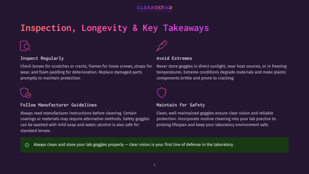 Infographic With Text: &Quot;Cleanestor&Quot;, &Quot;Inspection, Longevity &Amp; Key Takeaways&Quot;, &Quot;Inspect Regularly&Quot;, &Quot;Follow Manufacturer Guidelines&Quot;, &Quot;Avoid Extremes&Quot;, &Quot;Maintain For Safety&Quot;. Purple And Dark Background With Icons.
