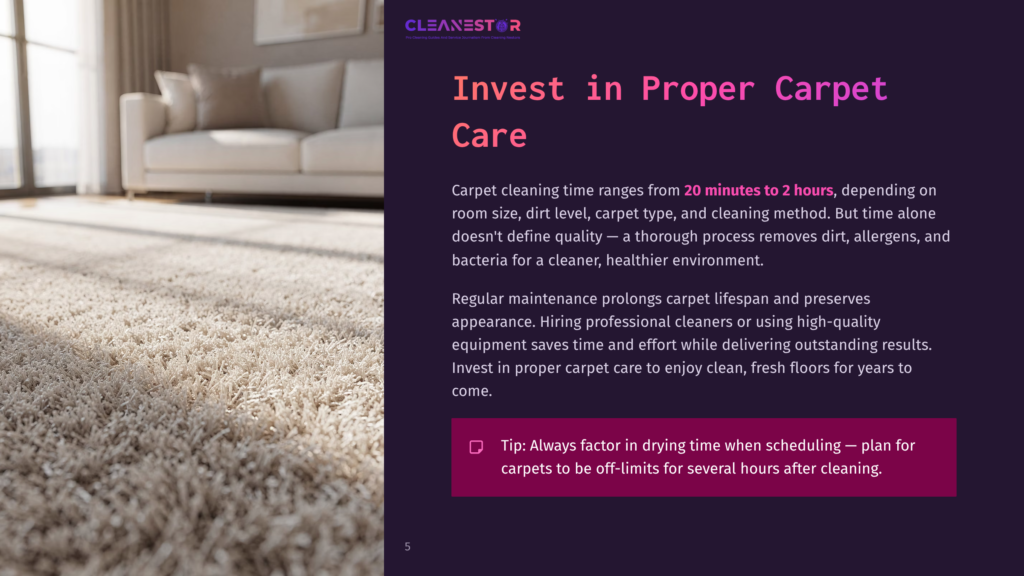 5 Invest In Proper Carpet Care Sunlight Streams Across A Plush, Cream-Colored Carpet In A Modern Living Room, Highlighting Its Texture. The Text &Quot;Invest In Proper Carpet Care&Quot; Is Visible.