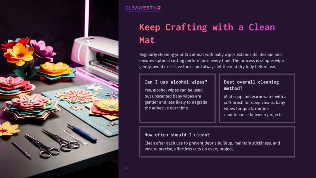 5 Keep Crafting With A Clean Mat Colorful Paper Crafts, Scissors, And A Cricut Cutting Machine Are Laid Out On A Dark Mat, Ready For Crafting. Text Overlay Reads &Quot;Cleanestor Keep Crafting With A Clean Mat.