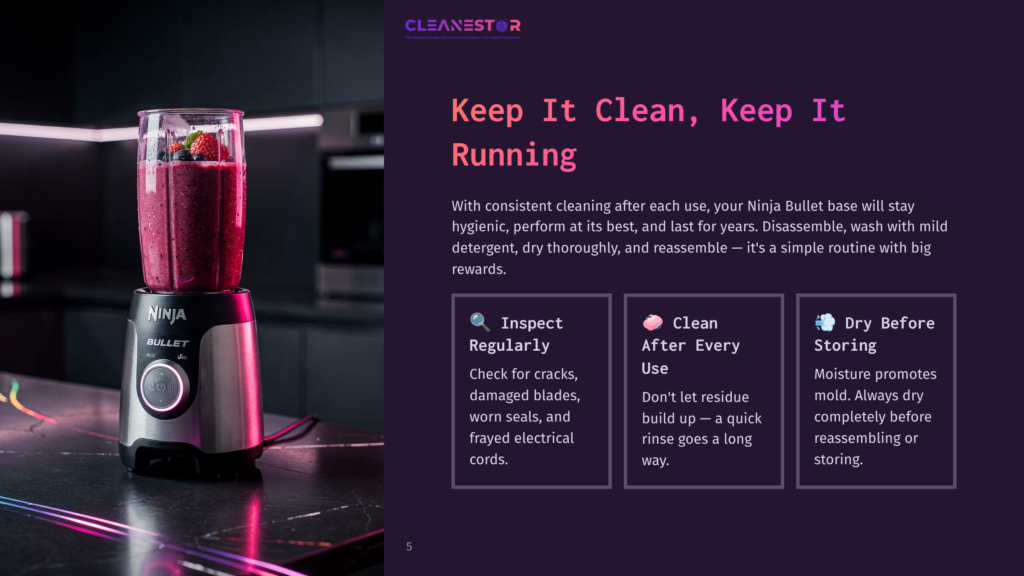 5 Keep It Clean Keep It Running A Vibrant Smoothie In A Ninja Bullet Blender Jar Sits On A Sleek, Modern Countertop, With Neon Pink And Purple Lights Illuminating The Kitchen Scene. The Blender Base Is Silver And Black, Featuring The &Quot;Ninja Bullet&Quot; Logo And Control Buttons.