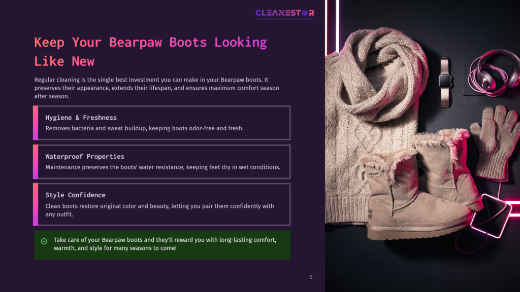 Cozy Scene With Fluffy Bearpaw Boots, A Cable-Knit Sweater, Headphones, Gloves, And A Smartwatch, All Illuminated By Neon Pink Light, Suggesting Winter Comfort And Style.