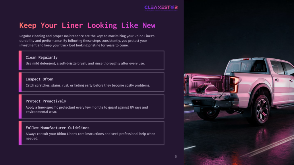 A White Pickup Truck With Its Bed Liner Visible, Illuminated By A Spotlight. Text On The Left Details How To &Quot;Keep Your Truck Liner Looking Like New&Quot; With Steps Like &Quot;Clean Regularly,&Quot; &Quot;Inspect Often,&Quot; And &Quot;Protect Proactively.