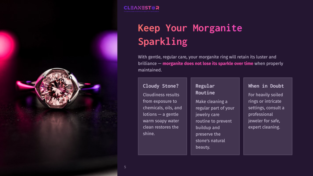 Close-Up Of A Sparkling Morganite Ring With A Large, Oval-Cut Pink Gemstone, Set In A Minimalist Band, Against A Dark, Moody Background With Soft Pink And Purple Lighting. Text Overlay Reads: &Quot;Keep Your Morganite Sparkling.