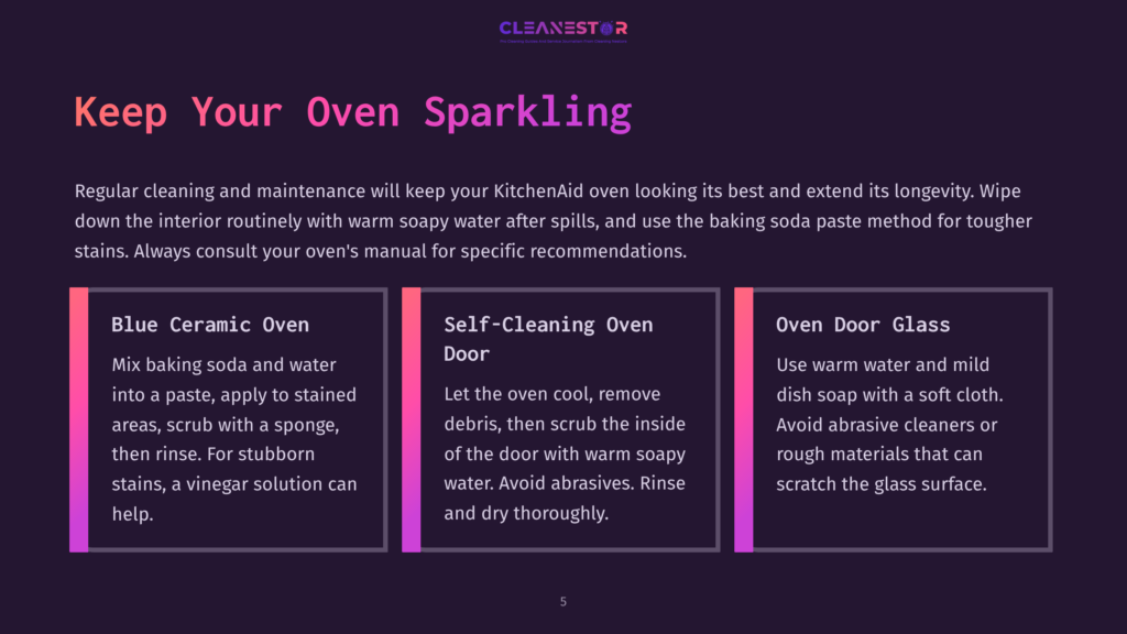 Infographic Section Titled &Quot;Keep Your Oven Sparkling&Quot; With Three Methods For Cleaning Different Parts Of A Kitchenaid Oven. The First Method Involves Using Baking Soda And Water For The Blue Ceramic Oven, The Second Uses Warm Soapy Water For The Self-Cleaning Oven Door, And The Third Advises Using Warm Water And Mild Dish Soap With A Soft Cloth For The Oven Door Glass.