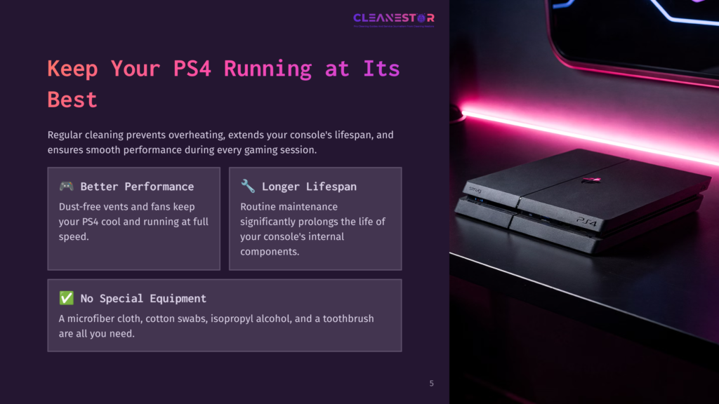 A Black Ps4 Console Sits On A Surface, Illuminated By Vibrant Pink Neon Lighting, With The Cleanestor Logo And Text About Keeping Your Ps4 Running At Its Best.
