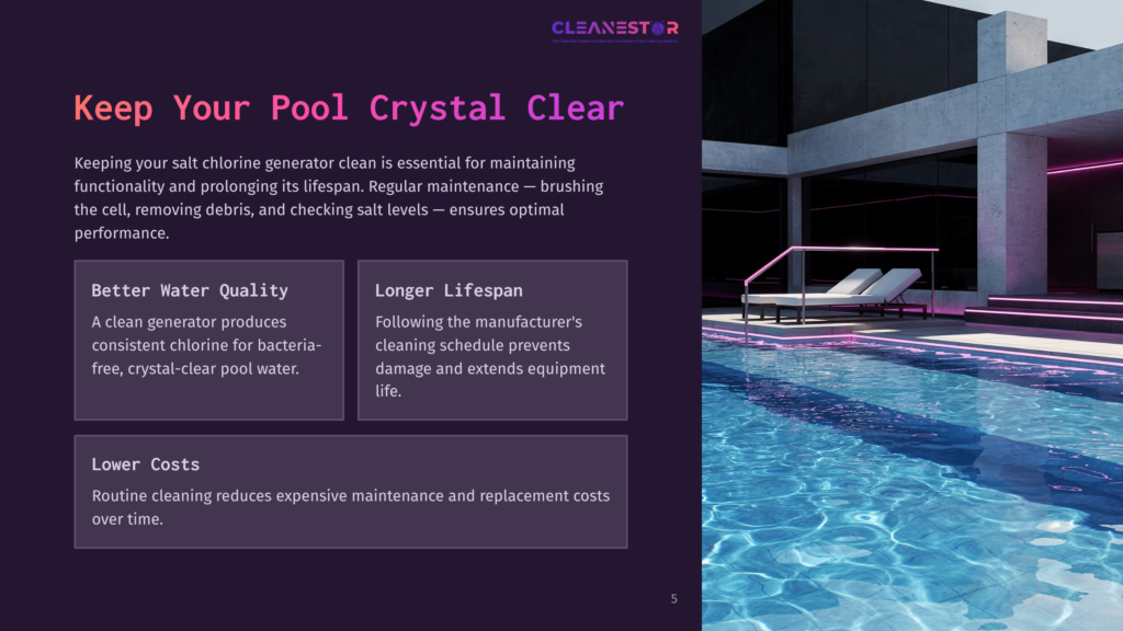 A Modern, Luxurious Outdoor Swimming Pool Area At Night, Illuminated By Vibrant Pink Neon Lights. The Pool Water Is Clear And Blue, Reflecting The Lights. Two White Lounge Chairs Are Placed On A Deck Beside The Pool. The Text &Quot;Cleanestar&Quot; Is Visible At The Top Right.