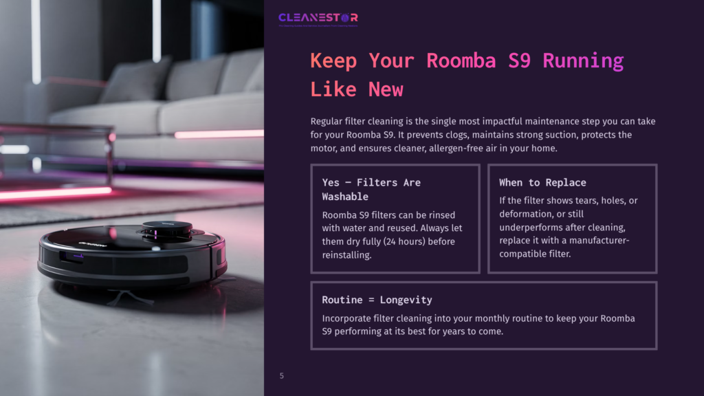 5 Keep Your Roomba S9 Running Like New A Roomba S9 Robot Vacuum Cleaner Navigates A Modern Living Room Floor, With A Plush White Sofa And Neon Pink Lighting In The Background. Text Overlay Reads &Quot;Cleanestor Keep Your Roomba S9 Running Like New&Quot;.