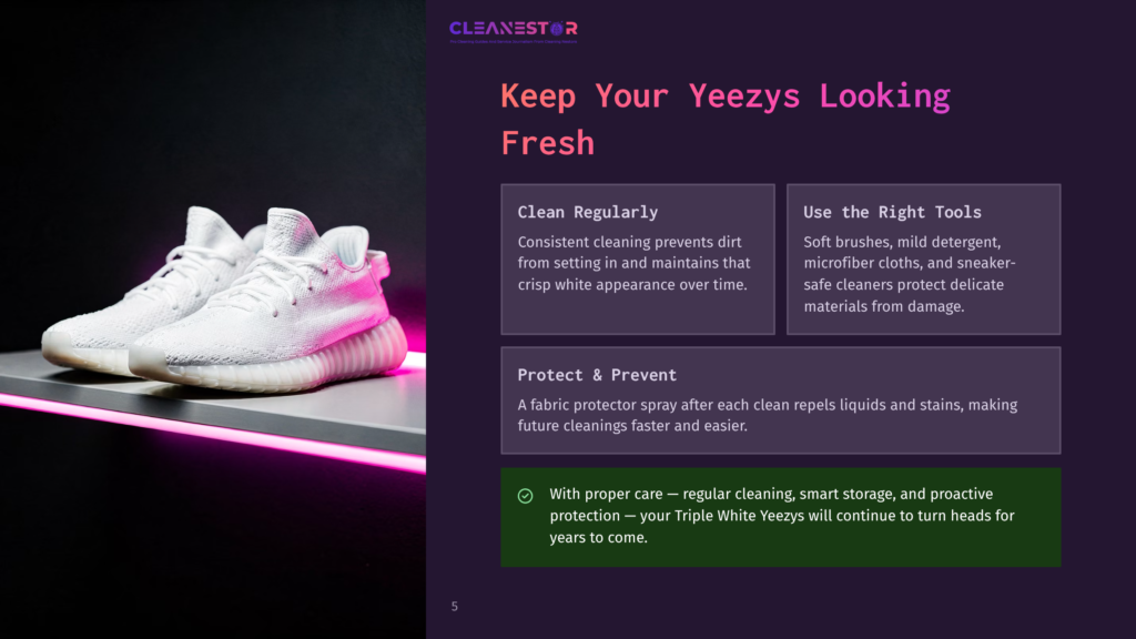 White Adidas Yeezy Boost 350 V2 Sneakers Sit On A Shelf With A Glowing Pink Light Strip, Presented With The Text &Quot;Keep Your Yeezys Looking Fresh.