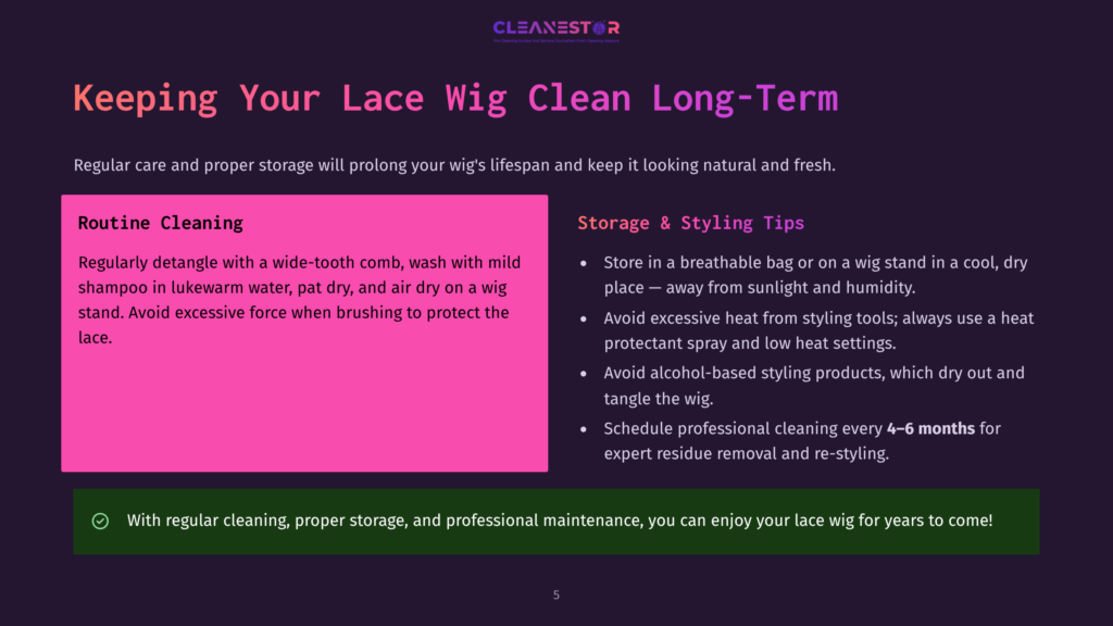 5 Keeping Your Lace Wig Clean Long Term A Webpage With A Purple Background Displays Tips On Keeping A Lace Wig Clean Long-Term, Featuring Sections For Routine Cleaning And Storage And Styling Tips.