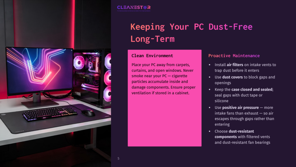 A Modern Gaming Pc With Vibrant Pink And Blue Rgb Lighting Sits On A White Desk Next To A Large Monitor. A Keyboard And Mousepad Are In The Foreground, With The Text &Quot;Cleanestor&Quot; And &Quot;Keeping Your Pc Dust-Free Long-Term&Quot; Visible On The Right Side.