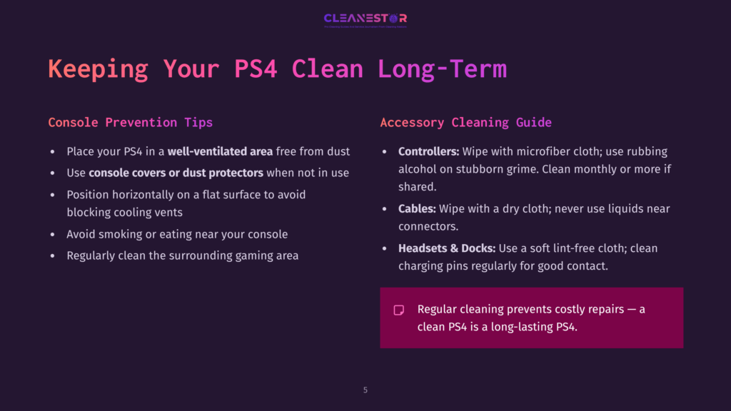 5 Keeping Your Ps4 Clean Long Term Keeping Your Ps4 Clean Long-Term: Console Prevention Tips And Accessory Cleaning Guide With Text.