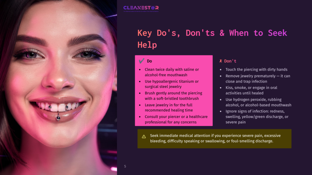 5 Key Dos Donts And When To Seek Help Close-Up Of A Young Woman With A Lip Piercing, Smiling. Text Overlay From Cleanestor Details &Quot;Key Do'S, Don'Ts &Amp; When To Seek Help&Quot; For Piercing Aftercare.