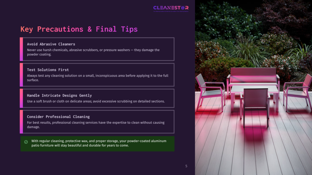 5 Key Precautions And Final Tips A Modern Outdoor Furniture Set, Including A Sofa And Chairs, Sits On A Patio At Dusk, Illuminated By Pink And Red Lights. Text On The Left Provides &Quot;Key Precautions &Amp; Final Tips&Quot; For Cleaning Patio Furniture.