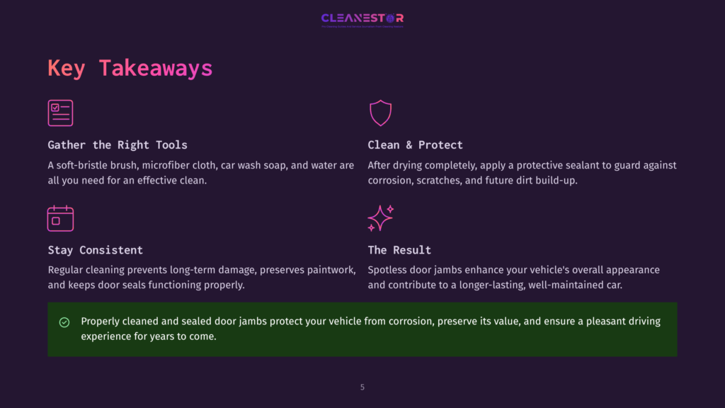 Key Takeaways From A Car Door Jamb Cleaning Guide: Gather The Right Tools, Clean &Amp; Protect, Stay Consistent, And See The Result. Includes Icons And Text.