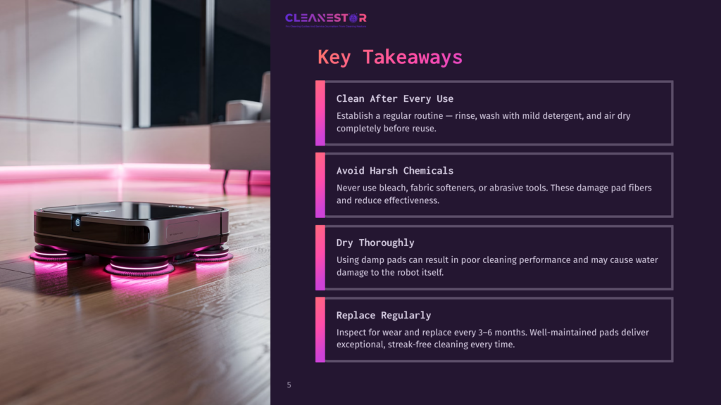 A Modern Robot Vacuum Cleaner With Glowing Pink Lights On Its Base Sits On A Polished Wooden Floor In A Well-Lit Room. The Image Also Features Text Overlay With Cleaning Tips And The Cleanestor Logo.