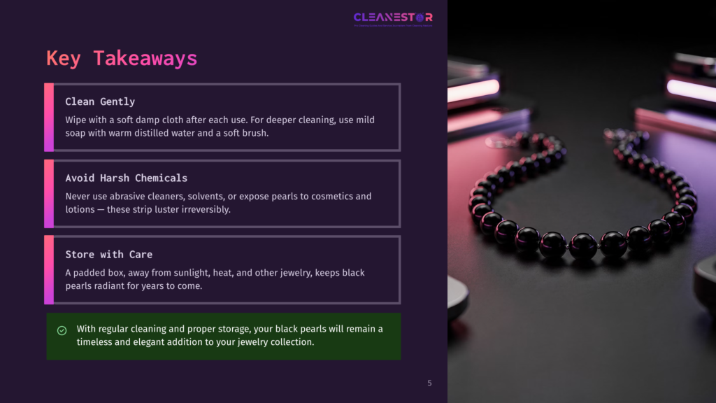 5 Key Takeaways 15 A Black Pearl Necklace Rests On A Dark, Reflective Surface, With A Blurred Background Suggesting A Jewelry Box Or Display. The Image Highlights The Elegance And Beauty Of The Pearls, Emphasizing Their Luster And Luxurious Appeal.