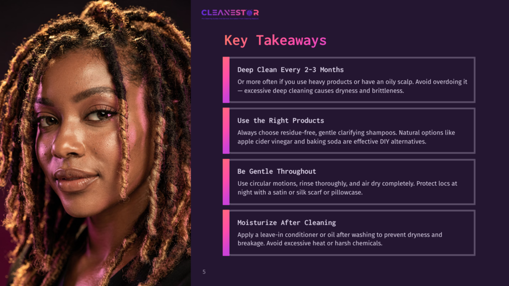 A Black Woman With Locs Smiles Gently, Looking Towards The Camera. Behind Her, A Dark Purple Background Features White Text With &Quot;Cleanestor&Quot; Logo And &Quot;Key Takeaways&Quot; With Bulleted Advice On Loc Care.