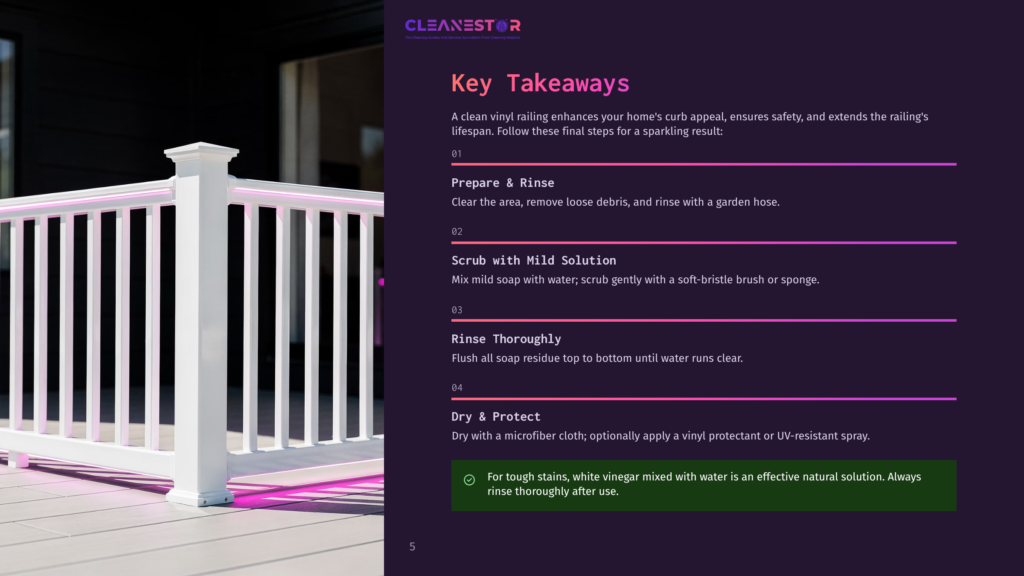 5 Key Takeaways 17 Cleanestor Logo And Text Detailing Steps For Cleaning Vinyl Railing: Prepare &Amp; Rinse, Scrub With Mild Solution, Rinse Thoroughly, Dry &Amp; Protect.