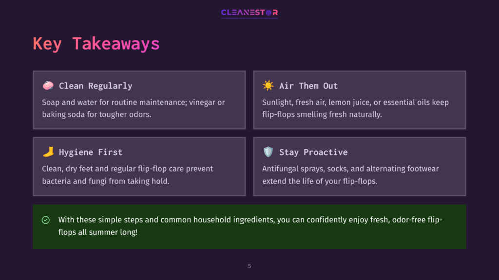 5 Key Takeaways 19 Key Takeaways For Keeping Flip-Flops Fresh: Clean Regularly, Air Them Out, Hygiene First, Stay Proactive. Includes Tips Like Using Soap And Water, Sunlight, And Antifungal Sprays.