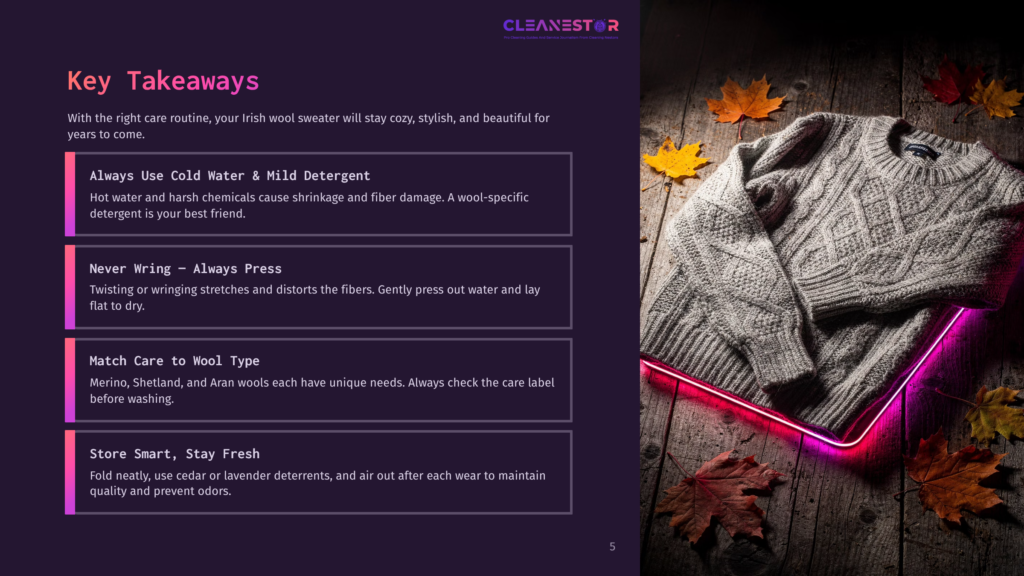 A Cozy, Cable-Knit Wool Sweater Rests On A Wooden Surface Surrounded By Vibrant Autumn Leaves And Illuminated By A Neon Pink Glow. Text Overlays Highlight Tips For Caring For Wool Sweaters, Including &Quot;Always Use Cold Water &Amp; Mild Detergent&Quot; And &Quot;Never Wring.