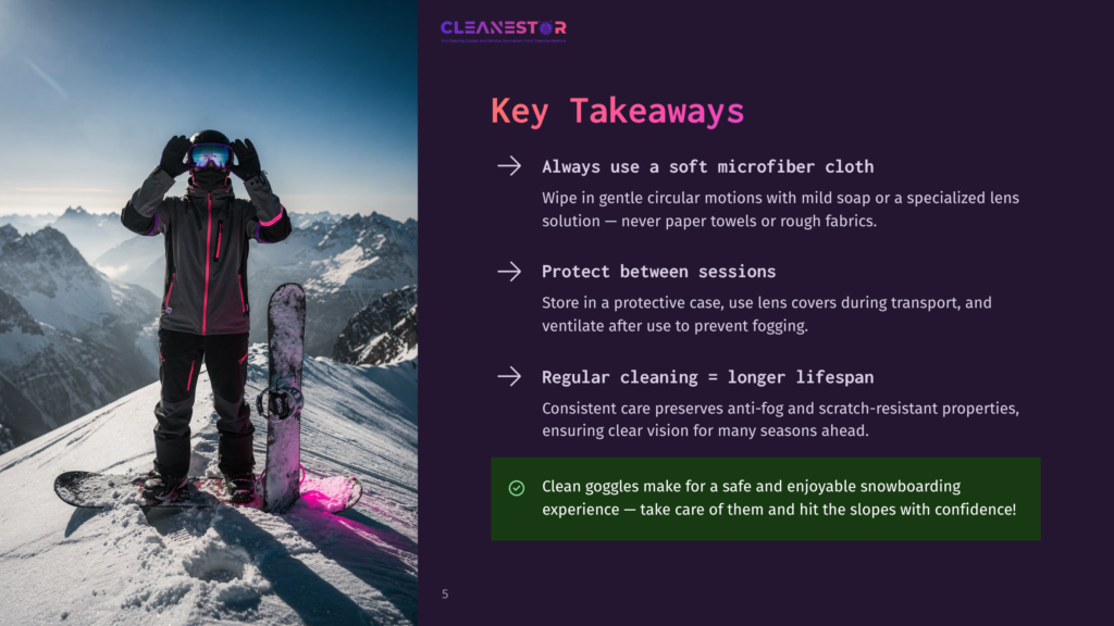 Snowboarder In Goggles And Winter Gear Stands On A Snowy Mountain Peak, Holding A Snowboard. Text Overlay: Key Takeaways, Always Use A Soft Microfiber Cloth, Protect Between Sessions, Regular Cleaning = Longer Lifespan, Clean Goggles Make For A Safe And Enjoyable Snowboarding Experience.