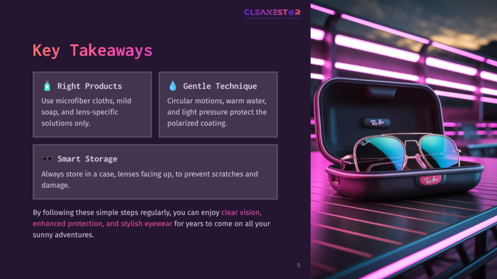 5 Key Takeaways 24 A Pair Of Ray-Ban Sunglasses With Polarized Lenses Rest In An Open Black Case, With Pink Neon Lights Reflecting On The Glasses And Case. Text On The Left Provides Tips For Cleaning And Storing Sunglasses.