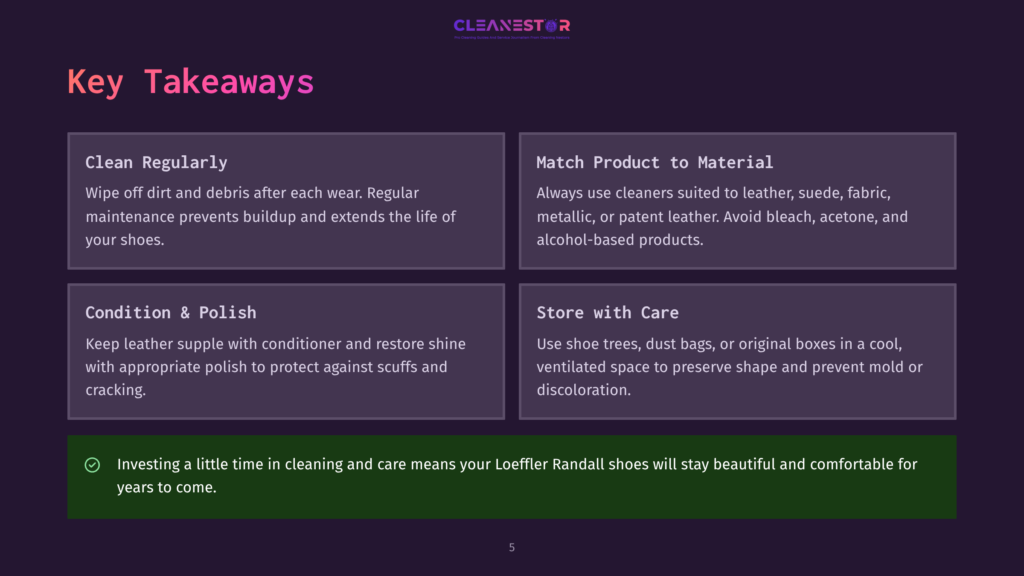 Infographic Titled &Quot;Key Takeaways&Quot; Featuring Four Sections: Clean Regularly, Match Product To Material, Condition &Amp; Polish, Store With Care, With Tips On Shoe Care.