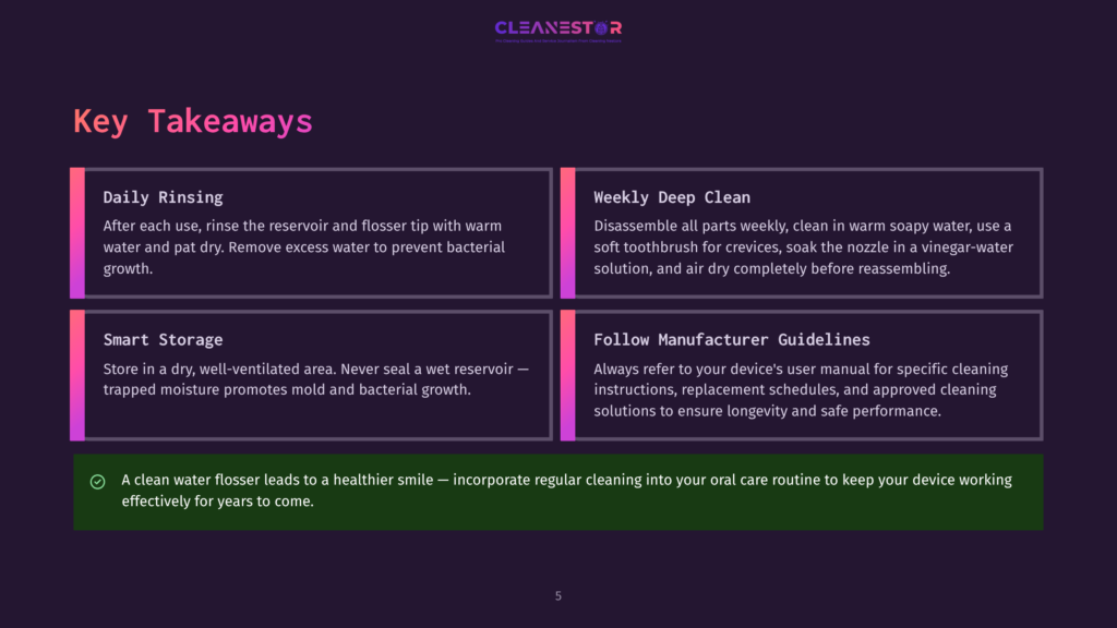 Key Takeaways From Cleanestor: Daily Rinsing, Weekly Deep Clean, Smart Storage, And Follow Manufacturer Guidelines For Optimal Oral Hygiene.