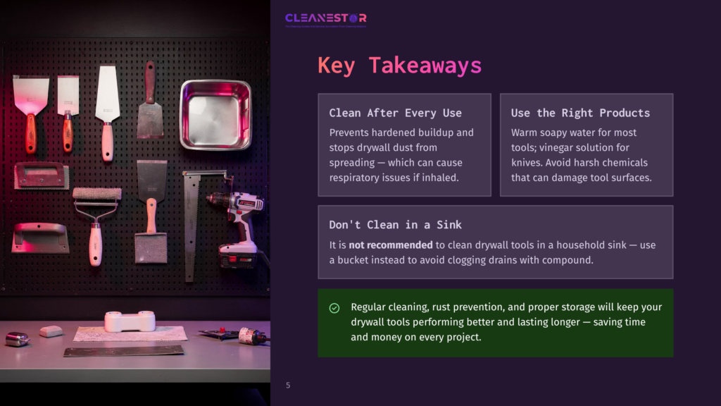 A Wall-Mounted Display Featuring A Variety Of Tools, Including Trowels, Brushes, And A Drill, With Text Highlighting Key Takeaways Such As Cleaning Tools After Every Use And Avoiding Household Sinks For Cleaning To Prevent Clogging And Damage.