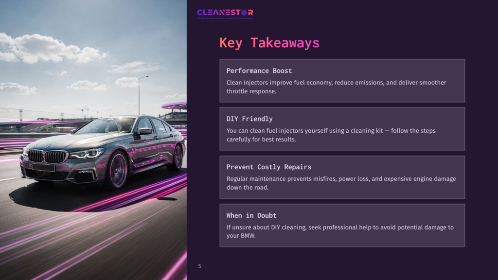 5 Key Takeaways 32 A Sleek, Silver Bmw Sedan Drives On A Highway At Sunset, With Streaks Of Purple And Pink Light Blurring Past, Suggesting Speed And Motion. Text Overlay Reads &Quot;Cleanestor&Quot; And &Quot;Key Takeaways&Quot; With Bullet Points About &Quot;Performance Boost&Quot;, &Quot;Diy Friendly&Quot;, &Quot;Prevent Costly Repairs&Quot;, And &Quot;When In Doubt&Quot;.