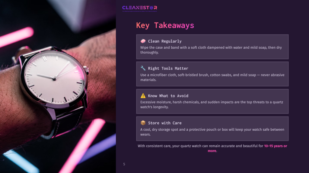 5 Key Takeaways 34 Close-Up Of A Man'S Wrist Wearing A Classic Silver Wristwatch With A White Face, Set Against A Blurred Background Of Neon Pink And Blue Lights. The Image Highlights The Watch'S Details.