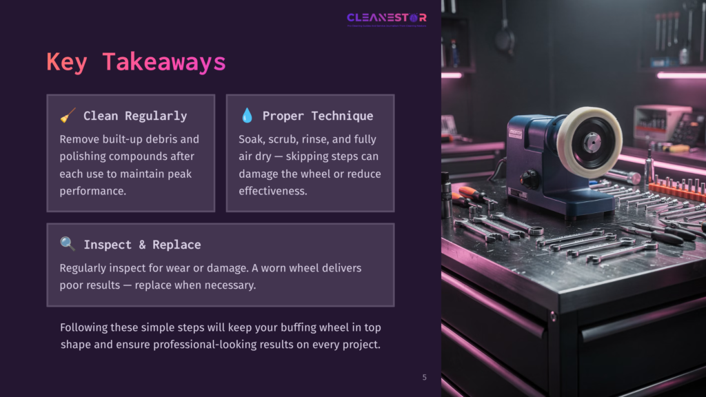 A Workshop Setting With A Workbench Displaying A Buffing Wheel, Wrenches, And Tools, Against A Purple Background. Text Overlays Suggest Maintenance Tips For The Buffing Wheel, Including Cleaning, Proper Technique, And Regular Inspection.