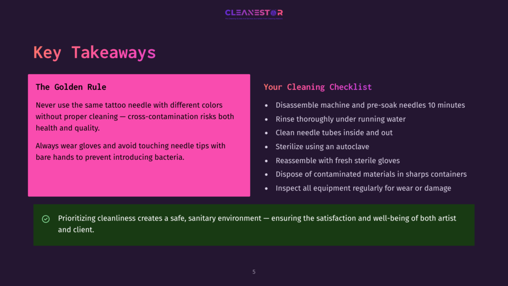 Cleanestor Presentation Slide With &Quot;Key Takeaways&Quot; And &Quot;Your Cleaning Checklist&Quot; Sections. Key Takeaways Highlight Safe Tattoo Needle Use And Hygiene. Checklist Details Machine Cleaning, Sterilization, And Disposal Protocols.