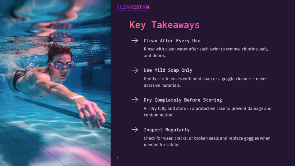 5 Key Takeaways 5 A Swimmer With Goggles On His Face Swims Underwater In A Blue Pool, With The &Quot;Cleanestor&Quot; Logo And Text &Quot;Key Takeaways&Quot; Visible On The Right.