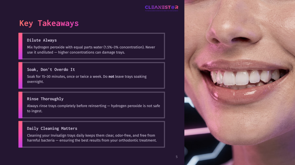 Close-Up Of A Smiling Woman With Bright White Teeth, Showcasing A Radiant Smile. The Image Is Overlaid With Text About &Quot;Cleanestor&Quot; And &Quot;Key Takeaways&Quot; For Teeth Whitening And Invisalign Tray Cleaning.