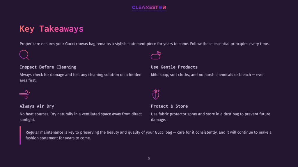 An Infographic Titled &Quot;Key Takeaways&Quot; Displays Tips For Maintaining A Gucci Canvas Bag. It Includes Four Key Principles: Inspect Before Cleaning, Use Gentle Products, Always Air Dry, And Protect And Store. The Infographic Is On A Dark Background, With Icons And Text In White.