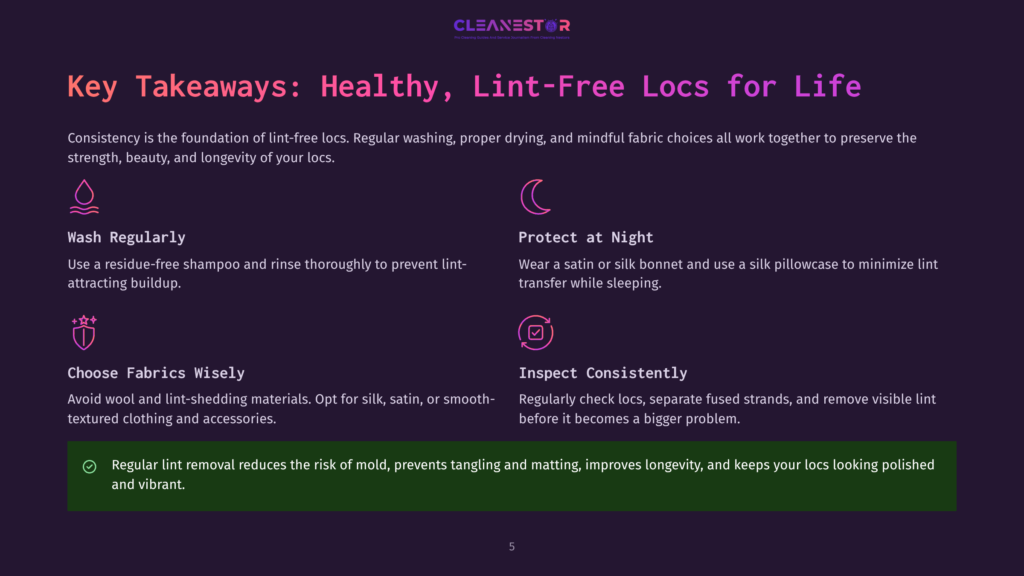 Key Takeaways: Healthy, Lint-Free Locs For Life. Image Displays Icons And Text For Wash Regularly, Protect At Night, Choose Fabrics Wisely, And Inspect Consistently, With A Green Checkmark Indicating &Quot;Regular Loc Removal Reduces The Risk Of Mold, Prevents Tangling And Matting, Improves Longevity, And Keeps Your Locs Looking Polished And Vibrant.