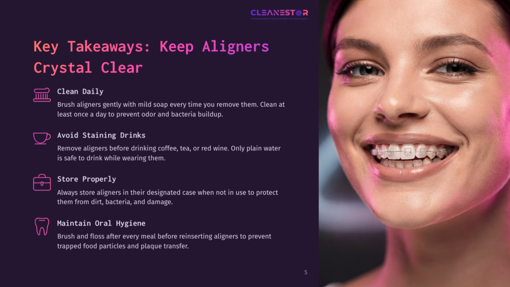 A Young Woman With Clear Aligners Smiles Brightly, Her Teeth Sparkling. Text On The Left Lists Key Takeaways For Keeping Aligners Crystal Clear: Clean Daily, Avoid Staining Drinks, Store Properly, And Maintain Oral Hygiene.