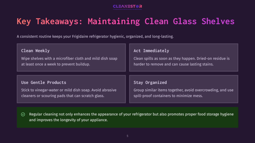 Infographic On Maintaining Clean Glass Shelves In A Frigidaire Refrigerator. It Includes Tips Like Cleaning Weekly, Acting Immediately On Spills, Using Gentle Products, And Staying Organized. The Background Is Dark Purple, And The Text Is In White.
