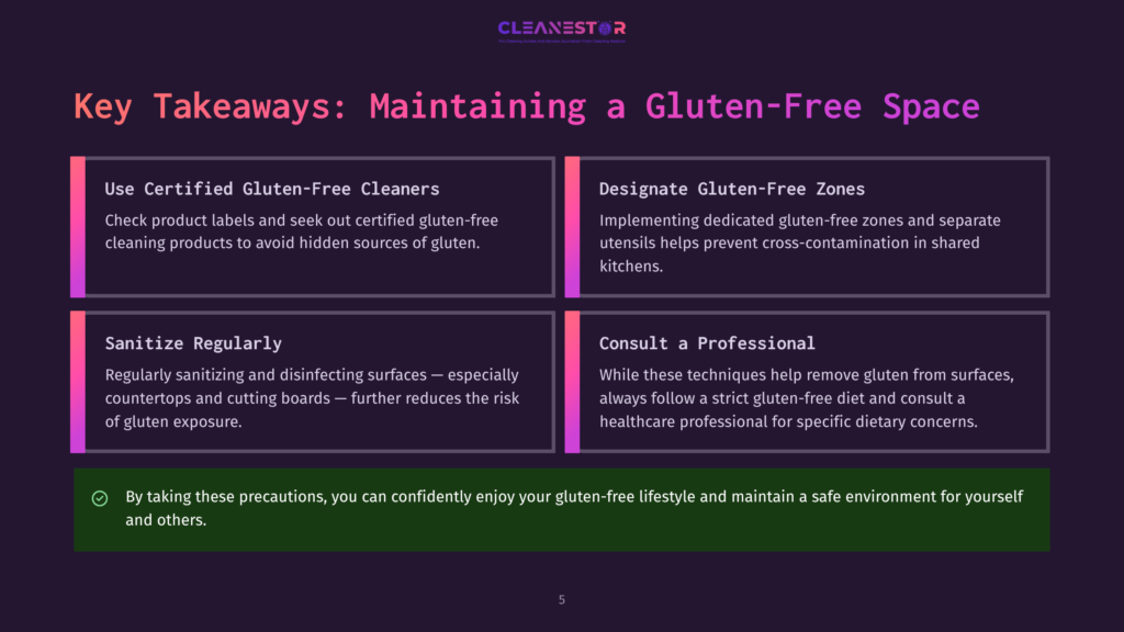 An Infographic Titled &Quot;Key Takeaways: Maintaining A Gluten-Free Space&Quot; Presents Four Key Points In A Dark Blue And Purple Gradient Background. These Points Include Using Certified Gluten-Free Cleaners, Designating Gluten-Free Zones, Regularly Sanitizing Surfaces, And Consulting A Professional. The Bottom Of The Infographic Encourages The Adoption Of These Practices To Enjoy A Gluten-Free Lifestyle.