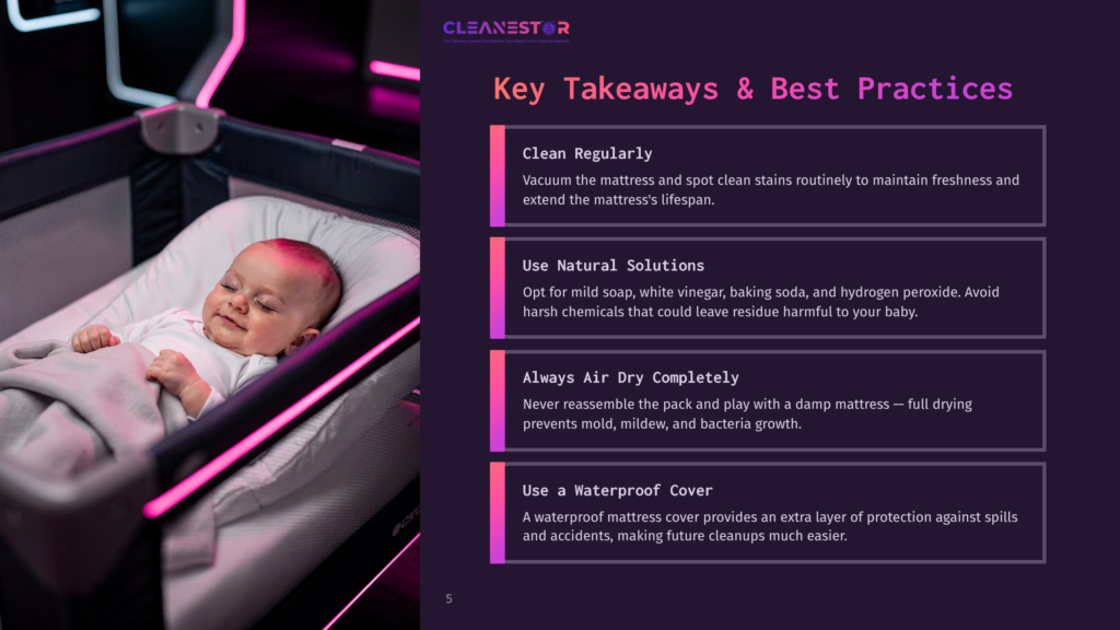 5 Key Takeaways And Best Practices 1 A Sleeping Baby Lies Peacefully In A Bassinet, Swaddled In A Grey Blanket. The Text &Quot;Cleanestor&Quot; And &Quot;Key Takeaways &Amp; Best Practices&Quot; Are Visible.