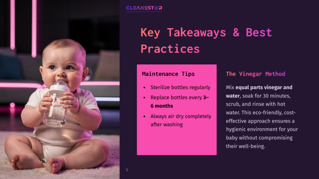A Cute Baby Sits On A Soft Rug, Holding A Baby Bottle. The Image Includes Text About &Quot;Key Takeaways &Amp; Best Practices&Quot; For Cleaning, With Tips On Sterilizing Bottles And Using Vinegar For Cleaning.
