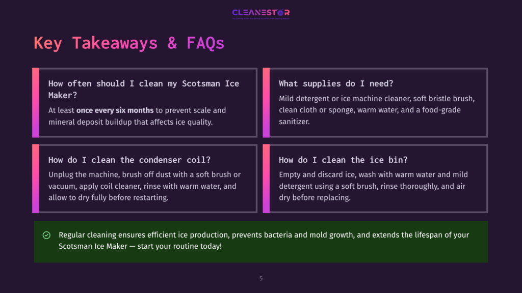 Infographic With Purple And Pink Accents Detailing Scotsman Ice Maker Cleaning Faqs, Including &Quot;How Often Should I Clean My Scotsman Ice Maker?&Quot;, &Quot;What Supplies Do I Need?&Quot;, &Quot;How Do I Clean The Condenser Coil?&Quot;, And &Quot;How Do I Clean The Ice Bin?&Quot;.