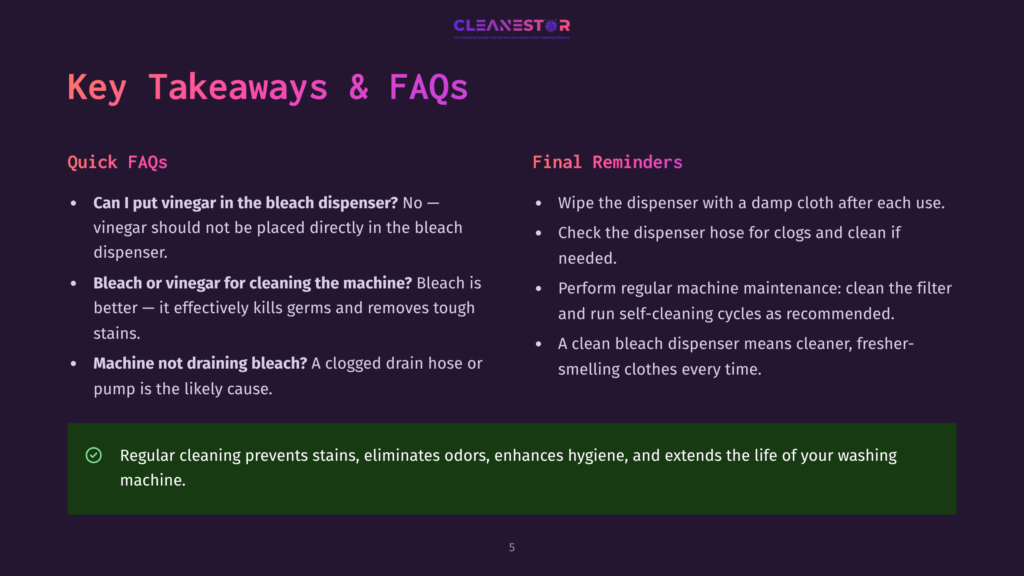 Presentation Slide Titled &Quot;Key Takeaways &Amp; Faqs&Quot; With Sections On &Quot;Quick Faqs&Quot; And &Quot;Final Reminders&Quot; For Cleaning A Washing Machine.