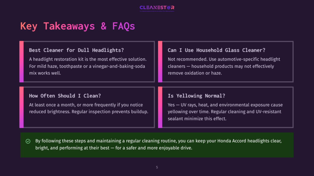 5 Key Takeaways And Faqs 17 Key Takeaways &Amp; Faqs&Quot; Written In White Text On A Purple Background With A White Border, Includes Questions About Headlight Cleaning And Maintenance.