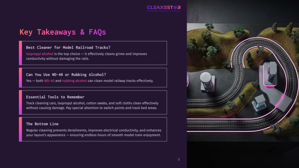 An Infographic Layout Featuring Key Takeaways And Faqs About Cleaning Model Railroad Tracks, With A 3D Model Railway Track Set Against A Dark Background.